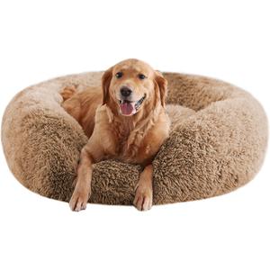 Calming Dog Beds for Large Dogs, Faux Fur Donut Cuddler Dog Bed, Round Fluffy Pillow, Washable Pet Bed for Dogs Up to 80Lbs, 36inch (Brown)
