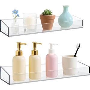 Acrylic Bathroom Shelves Set of 2,15" Thick Wall Mounted Floating Shelves -Transparent Shower Organizer Storage and Display Shelving Clear Adhesive Wall Rack for Bedroom,Kitchen,Ofiice,Living Room