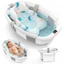 Collapsible Baby Bathtub for Newborn to Toddlers 0-36 Months, Large Baby Tub with Thermometer & Cushion, Easy Setup Foldable Travel Infant Bathtub, Newborn Babies Boy Girl Bath Tubs Grey