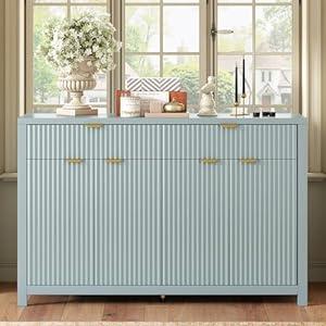 Merax Modern Wave-Pattern Sideboard Cabinet with 2 Drawers and 4 Doors, Buffet Cabinet, Aluminum Arc Handles, Scandinavian Style, Suitable for Entryway, Living Room, Foyer, Cyan