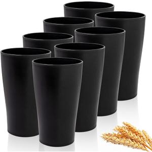 EI Black Wheat Straw Cups Set of 8,Drinking Glasses,Reusable Plastic Cups,Unbreakable Cups for Kitchen,Dishwasher Safe Water Glasses Tumblers,Suitable for Dinner on Picnic Outdoor Activities Dormitory