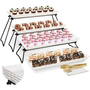 KAQAHIDO Extra Large 4 Tier Serving Tray Set, 34x22x10 inch Wave Edge Melamine Dessert Table Display Set, Tiered Trays Stand for Party Buffet Entertaining, Black and White