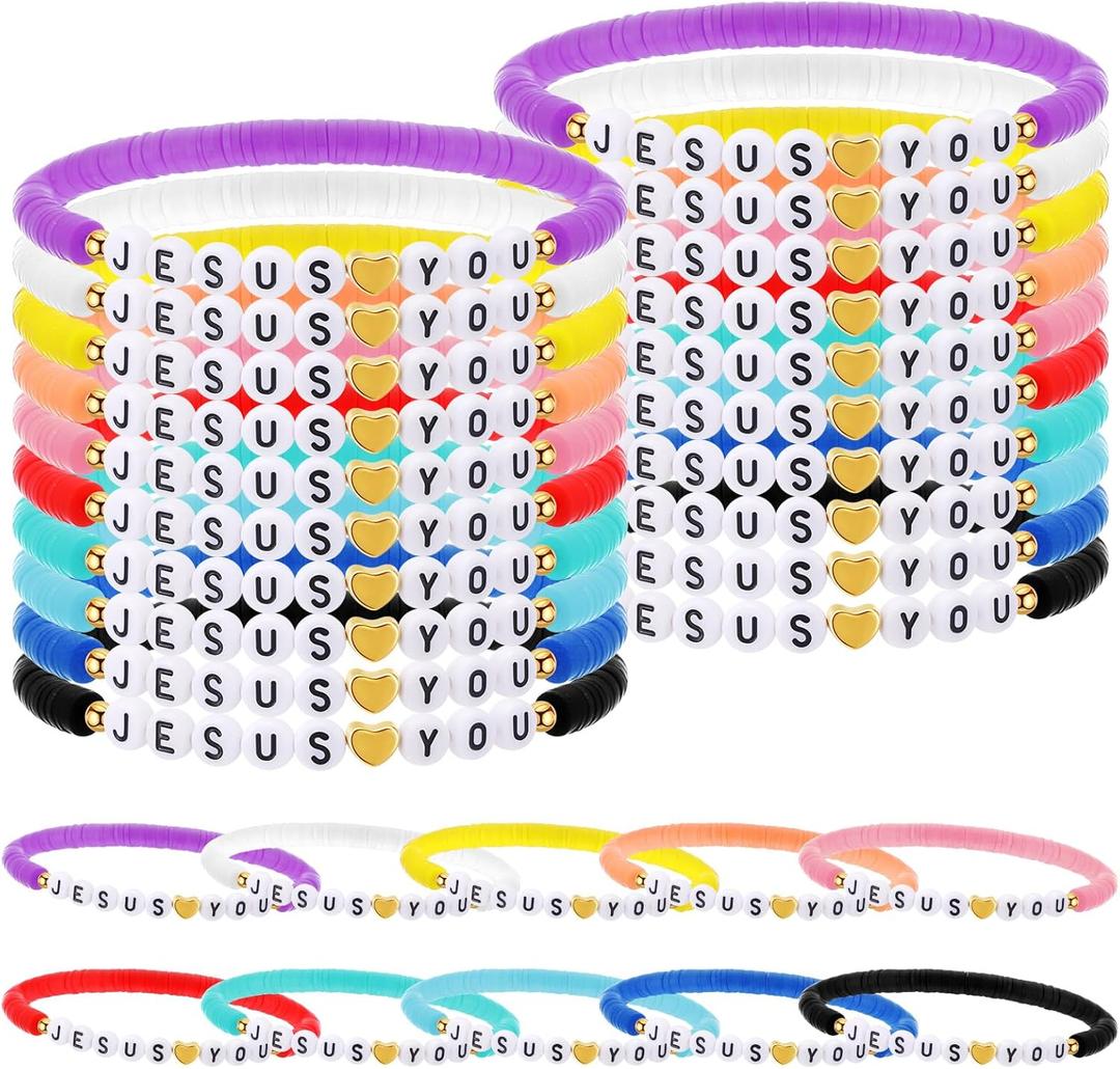 30 Pcs Jesus Loves You Bracelets Bulk Friendship Bracelets Clay Bead Christian Wristbands for Kids Religious Jesus Loves You Wristbands Christmas in July Sunday(Rainbow)