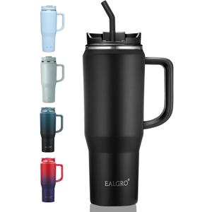 EALGRO 40 oz Tumbler with Handle, Insulated Tumblers with Lid and Straw, Large Metal Sports Water Bottle Jug, Thermal Stainless Steel Travel Coffee Mug Cup, Black