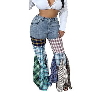 Womens Y2K Harajuku Hippie High Waist Patchwork Flare Jeans Plaid Bell Bottom Ruffle Hem Denim Long Pants Trousers XXL