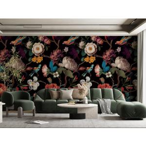 Zeeko Floral Peel and Stick Wall Mural Black Flower Wallpaper for Bedroom TV Background Vintage Wallpaper Large Floral Wall Murals Art Deco 148" W x 98" H