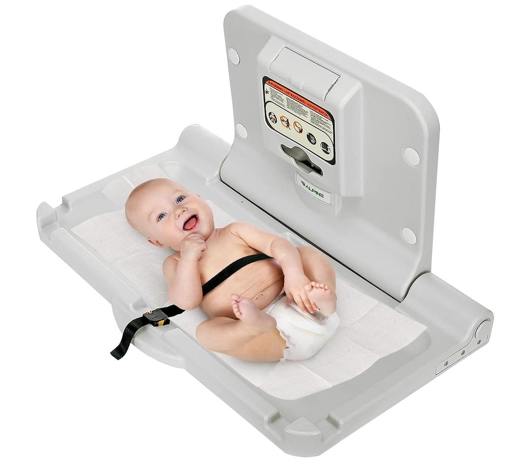 Alpine Wall Mounted Baby Changing Station - Horizontal Baby Changing Table Foldable Diaper Tables with Safety Strap for Commercial Bathroom, ADA Complaint (Hardware Included) White Gray