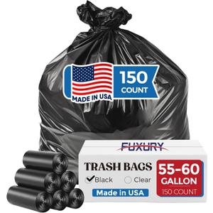 Fuxury 55-60 Gallon Trash Bags 150 Count Black Garbage Bags, 38x58" Extra Large Trash Can Liners, 0.7 Mil Plastic Bags for Serious Garbage Cleanup Home, Yard & Commercial Use, Made in USA