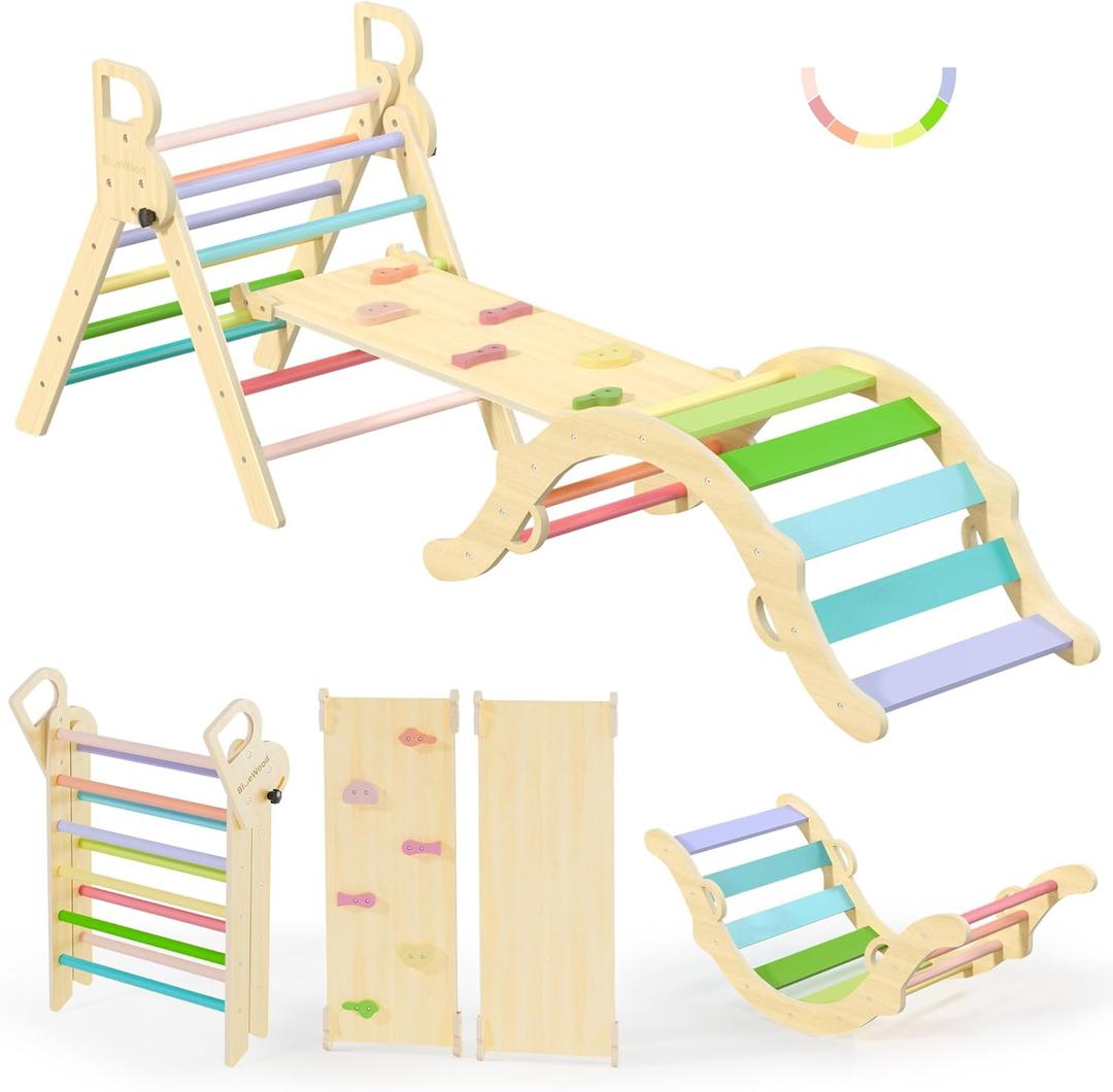 BlueWood Pikler Triangle Set, Toddler Wooden Climbing Toys Indoor 7in1 Foldable Climber for Kids, Montessori Philosophy Play Jungle Gym with Arch, Ramp, Ladder (Colorful Spring)