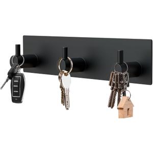 VIS'V Magnetic Key Holder Wall Mount, Metal Adhesive Key Hanger with 3 Hooks, No Drilling, 2 Mount Options, Black, Small