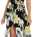 Women's Beach Dress Summer Maxi Sundress Strapless Hawaiian Cover Ups Asymmetrical Wrap Dresses (Black Yellow Flowers)