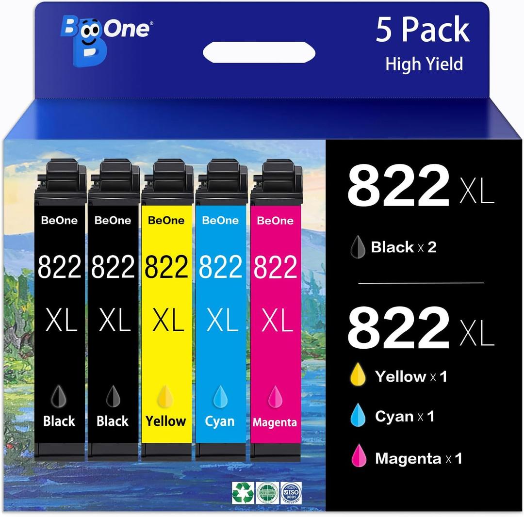 BeOne 822XL Ink Cartridges High Yield Remanufactured Replacement for Epson 822XL Ink Cartridges for 822XL Printer for Epson WF-3820 WF-4820 WF-4830 WF-4833 WF-4834 WF-3823 Printer (5 Pack)