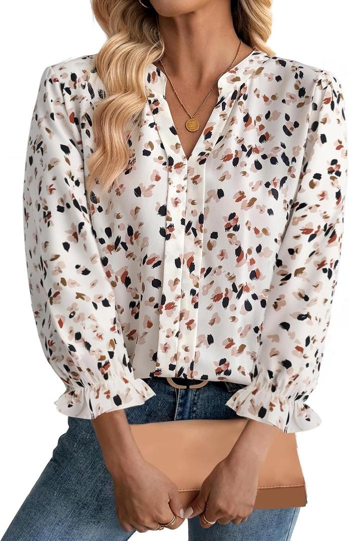 SOFIA'S CHOICE Women's Boho Blouse Business Casual Ruffle 3/4 Sleeve Tops Floral Print Work Shirts Beige Large (Beige, L)