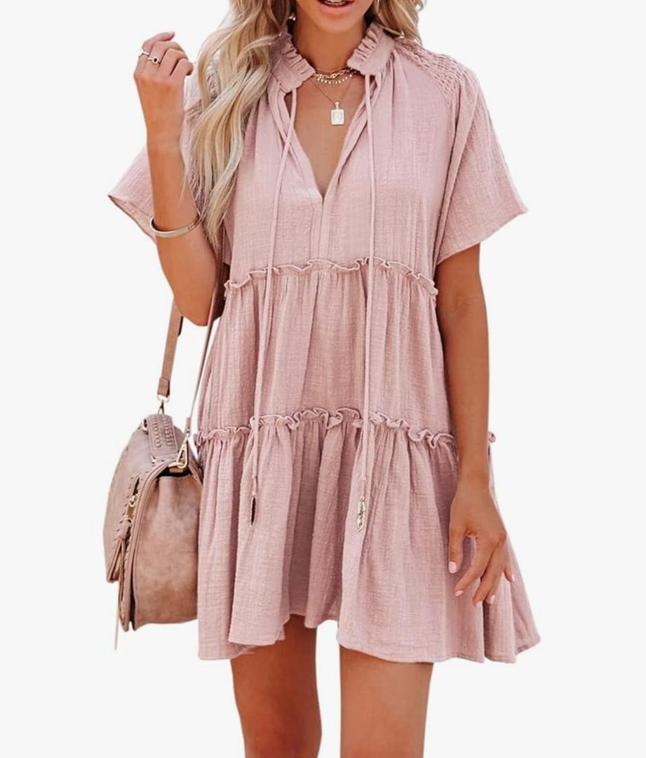 Dellytop Womens Drawstring V Neck Dress Ruffle Tiered Short Sleeve Babydoll Tunic Swing Sundresses S/M