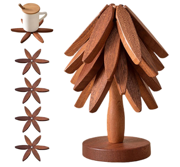 Wooden Trivets for Hot Dishes - Trivet Tree, Tree Coasters, Decorative Shape Set, 4 Coasters + 1 Stand, Walnut Foldable Hot Plate Holder for Pots, Pans, Bowls, Teapots