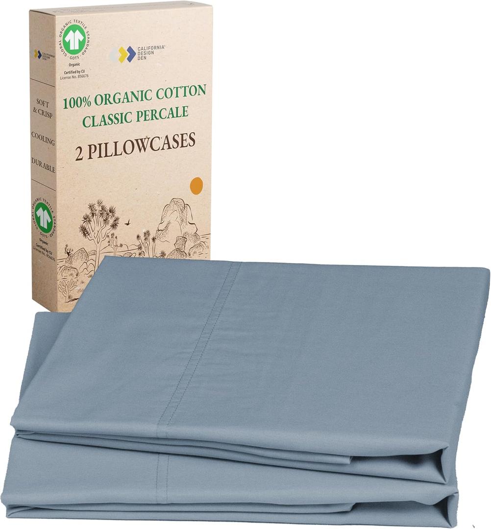 California Design Den 100% Organic Cotton Standard/Queen Pillow Cases 2, Soft Percale Weave Cotton Cooling Pillowcases (Blue Hydrangea)