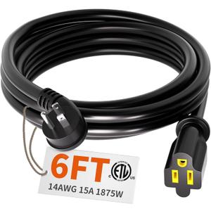 HUANCHAIN 14 Gauge 6 Feet Flat Plug Extension Cord Black Indoor Outdoor, Heavy Duty 3 Prong Grounded Low Profile Extension Wire Flexible, 15A 1875W 125V 14AWG SJTW, ETL Listed