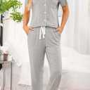 Samring Women Pajamas Sets 2 Piece Short Sleeve Soft Sleepwear Pjs Lounge Set Button Down Nightwear with Long Pants (Gray, XXL)