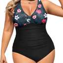 Aqua Eve Women Plus Size One Piece Swimsuits V Neck Tummy Control Bathing Suits Retro Ruched Swimwear (Floral & Black) 22W