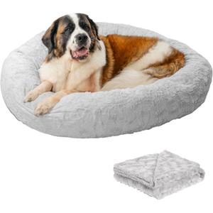Best Friends by Sheri Bundle Set The Original Calming Lux Donut Cuddler Cat and Dog Bed + Pet Throw Blanket, Gray, Extra Large, 45x45