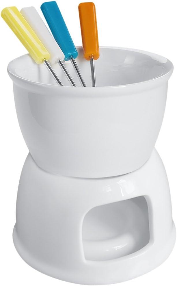 Tebery Fondue Set with 4 Color Forks, Premium Tea Light Porcelain Melting Pot for Cheese, Chocolate and Tapas - White