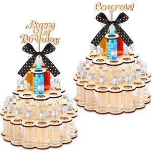 Honeydak Mini Bottle Cake Display Shelf Wooden Party Centerpiece Display for Mini Bottles 21st Birthday Decor 21st Birthday Gifts for Him or Her, Hold 28 Bottles (Natural)
