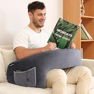 OMOTON Reading Pillow for Lap Desk, Upgrade Extra Large Gaming Pillow for Adult, Perfectly Fitting Your Body Memory Foam Arm Rest Pillow for Reading, Working, Playing in Bed Sofa, Deep Gray