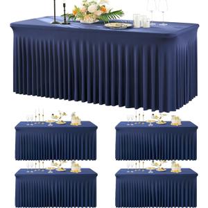 4 Pack Navy Blue Spandex Table Clothes for 6 Foot Rectangle Tables, Wrinkle Free Fitted Table Cloth 6ft Stretch Tablecloths with Skirt Cover for Parties Weddings Birthday Banquet Baby Shower