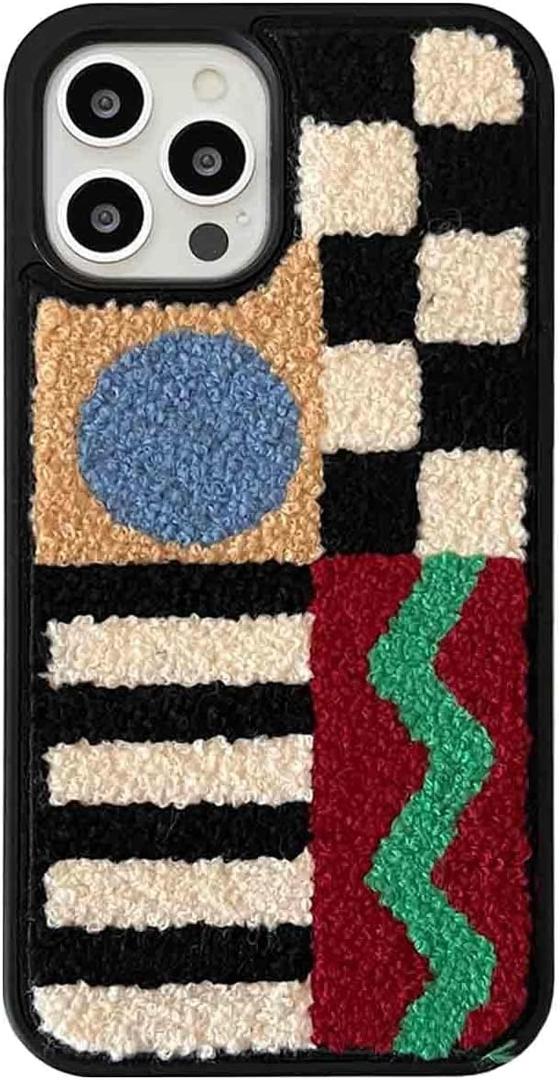 Aesthetic Phone Case for iPhone 15 Pro Max, Retro Checkered Fluffy Carpet Case, Winter Fuzzy Case for iPhone 15 Pro Max (Geometric Checkered)