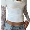 MakeMeChic Women's Floral Lace Tee Shirt Long Sleeve Cowl Neck Ruched Fall Elegant Crop Tops White X-Small