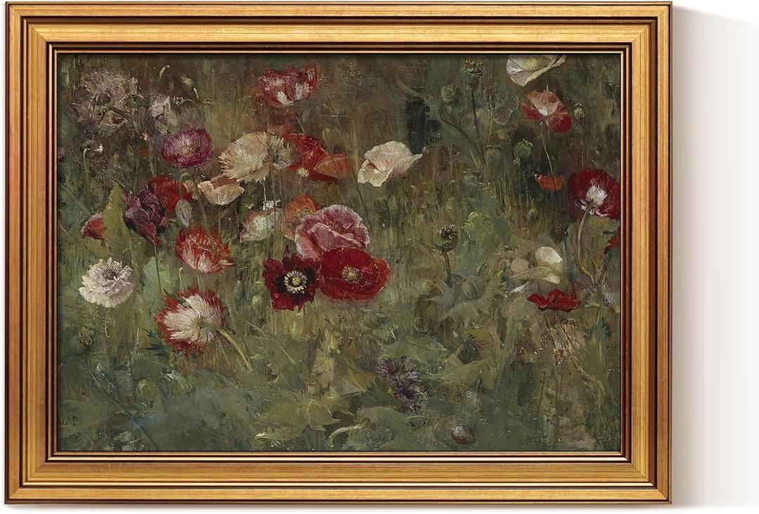VIYYIEA Gold Framed Canvas Art Prints,12x16Inch, Poppy Field Art Painting, Retro Vintage Decor for Kitchen Bedroom Bathroom Living Room shelf, Farmhouse Country Cottage Floral Picture