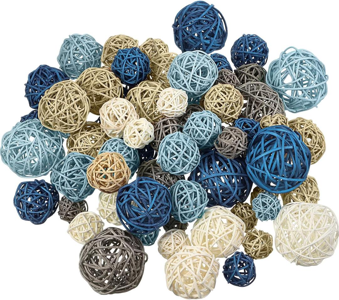 Patelai 72 Pcs Wicker Rattan Balls Decorative Balls for Vase Centerpiece Bowls Orbs Filler for Spring Summer Craft Home Decor, 4 Sizes(Blue, Sky Blue, Gray, Beige, White)