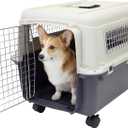 SportPet Airline Compliant MEDIUM 24.25" Travel Dog Kennel-Durable Plastic Airline Pet Carrier w/Removable Wheels & Food Bowls, Collapsible Indoor/Outdoor Dog Kennel, Dogs up to 23"L & 15"H-Cream/Gray