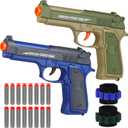 2 Pack Blaster Toy Guns for Boys Fit for Nerf Guns Darts, Small Toys Pistol for Boys Birthday Gifts, for Kids Toddlers Age 6-8 8-12 Year Olds - 16 Refill Foam Darts 2 Wristbands (Blue Green)