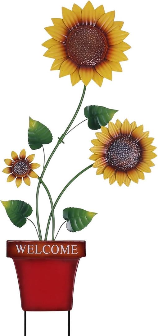 hogardeck Garden Decor for Outside, 39" Sunflower Pot Decorative Garden Stakes for Spring Outdoor Decor, Metal Yard Art Sunflower Welcome Sign for Porch Patio Lawn Pathway Backyard Decorations (Gold, Green)