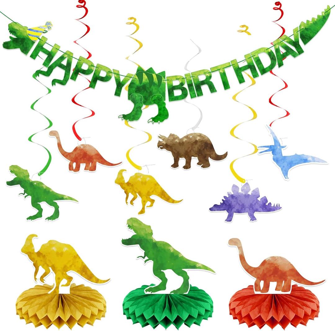 Pre-Strung Dinosaur Birthday Decorations - Dinosaur Happy Birthday Banner,Party Decorations for Boys Girls Kids,Dino Theme Hanging Swirl, Honeycomb Centerpiece Table Decor