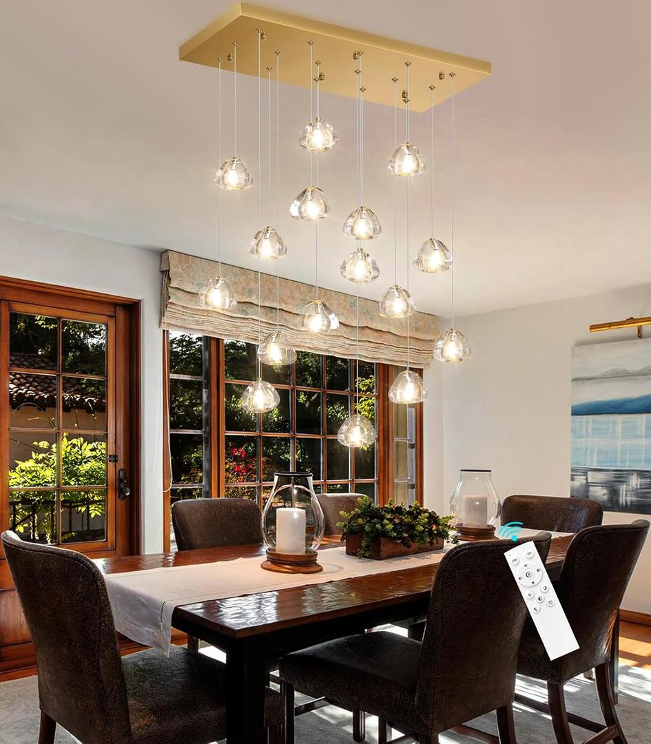 W27.6 x D11.8 x H118 Rectangular Glam Chandelier Bubble Crystal Ceiling Pendant Lights Dimmable High Ceiling Chandeliers Fixtures Adjustable Long Lights Antique Gold