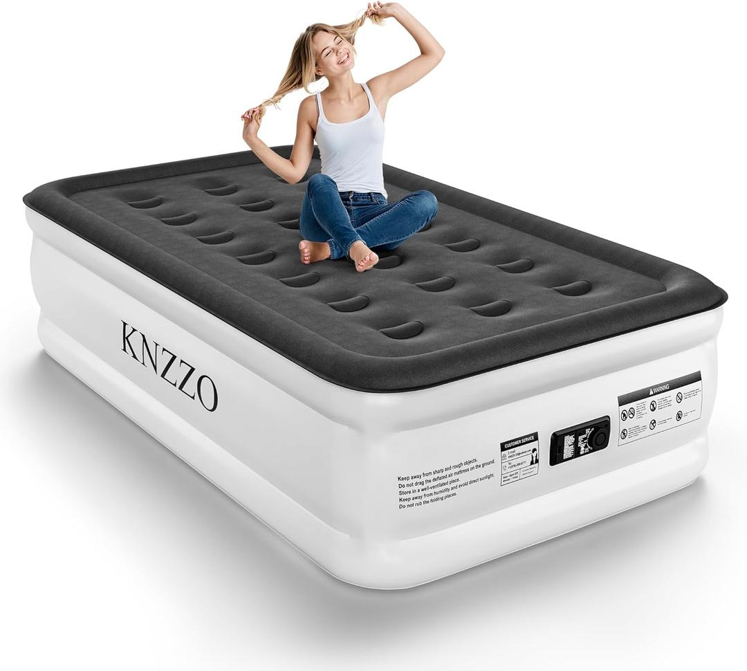 KNZZO Twin Air Mattress with Built-in Pump, 18" Top Inflatable Mattress with Waterproof Flocking Fabric, Three-Minute Quick-Inflatable Bed. Portable Blow Up Mattress for Home, Outdoor and Guests (White)