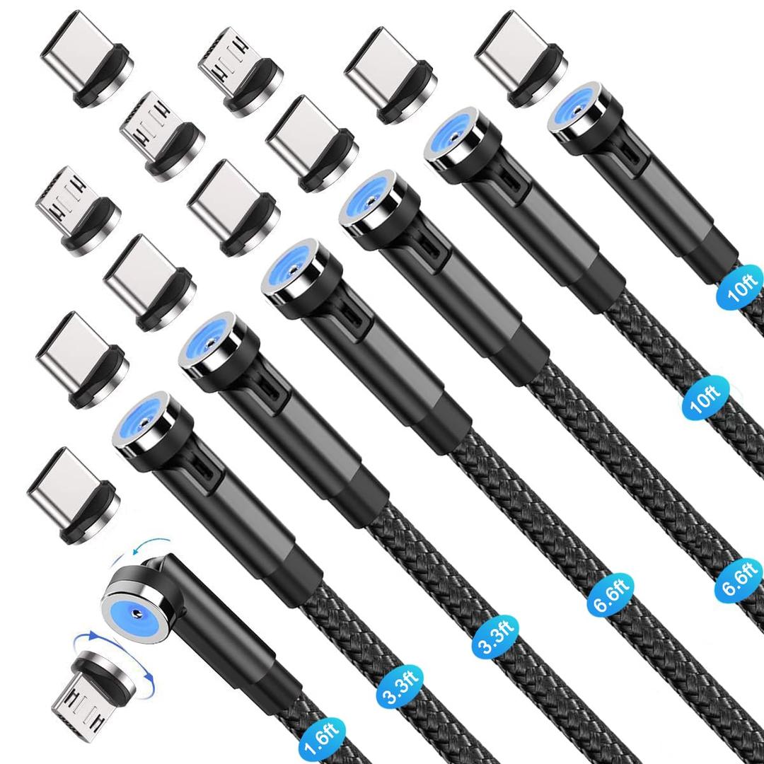 540 Rotation 3 in 1 Magnetic Charging Cable7-Pack, 1.6ft/3.3ft/6.6ft/6.6ft/10ft/10ft, Magnet Phone Charger Compatible with Micro USB, Type C Device