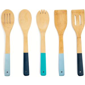 5 Piece Bamboo Kitchen Utensil Set - Includes Spoon, Slotted Spoon, Spork, Spatula and Solid Turner - Iceberg, Key West, Midnight Blue