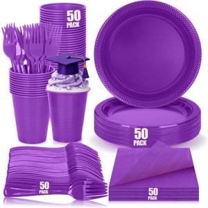 200pcs Purple Plastic Plates Party Supplies, Disposable Purple Party Plates, 50 of Each 9" Dinner Plate, Napkins, Cups & Cutlery Dinnerware Party Decorations for Graduations, Birthday, Wedding