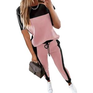 HBQ Women's Color Block 2 Piece Outfits Summer Travel Tracksuit Short Sleeve Tops High Waisted Jogger Pants Lounge Sets-Pink-(S)