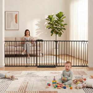 Extra Wide Baby Dog Gates for Doorways Tension Indoor Safety Gates Black Metal Large Pressure Mounted Pet Gate Walk Through Dog Gate for The House Stairs (Black, 86.3"-105"/219-267CM)