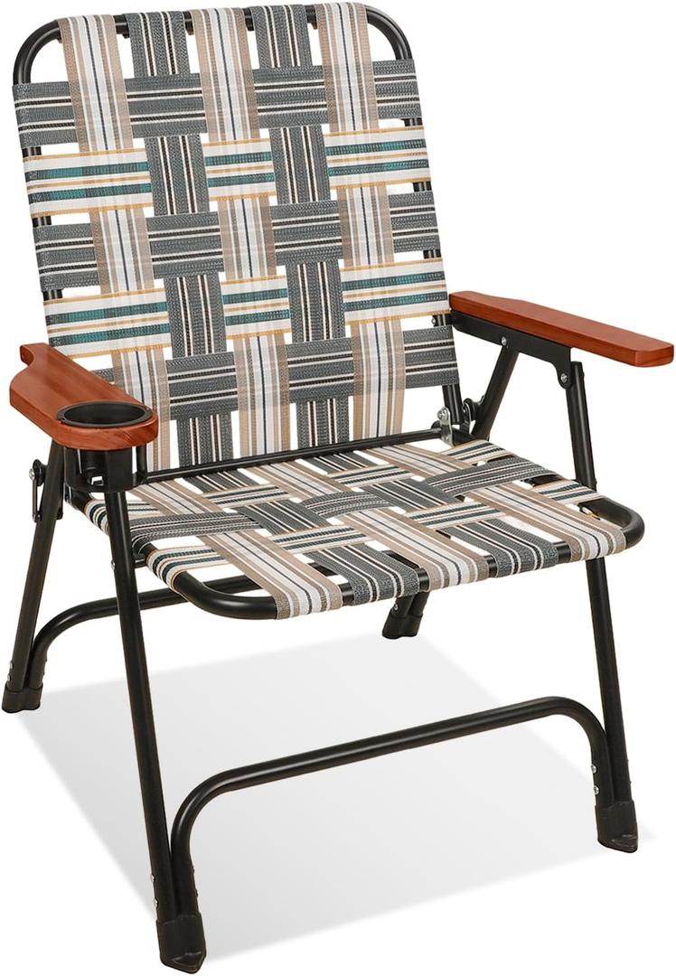 Folding Lawn Chair, Portable Camping Chair with Steel Frame, Woven Fabric and Wooden Armrests, Webbed Patio Dinning Chair for Yard Camping Poolside Beach
