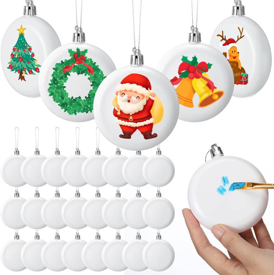 Patelai 60 Pcs Plastic Flat Disc Ornaments for Crafts 3.15" DIY Fillable Hanging Ornament Christmas Tree Ball for DIY Crafts Holiday Xmas Tree Home Decor (White,Oblate Spheroid)