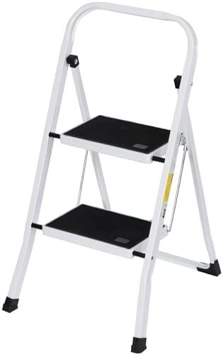 ZENY 2 Step Ladder Folding Step Stool with Wide Anti-Slip Pedal, Convenient Handgrip, Portable Steel Step Stool, Sturdy Steel Ladder for Household and Office