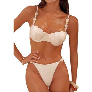 SHENHE Women's Push Up Underwire Swimsuits 2 Piee Seashell Top Cheeky Thong Beaded Bikini Set, Large