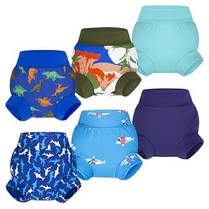 BIG ELEPHANT 6Pcs Baby Swim Diaper, Waterproof Reusable Swimming Diapers for Boys, Soft Breathable Swim Wear (XS, Blue & Green)