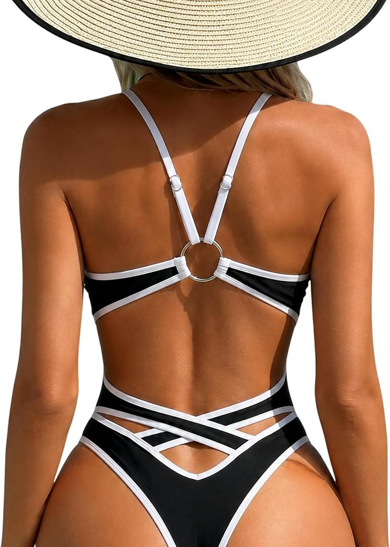 Sexybody Women Sexy Thong One Piece Swimsuits Cheeky V Neck Bathing Suit Slimming High Cut Backless Swim Suits (Black, S)