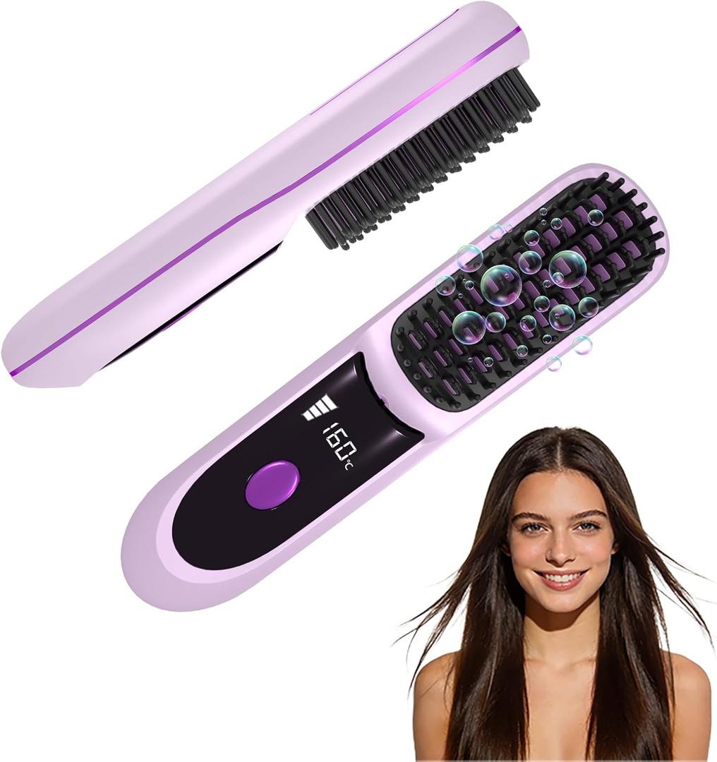 Go Brush Pro for Short Hair 2026, Portable Straightener Brushs for Travel, with LCD Temperature Display, Fast Heating Cordless Mini Hair Brushs (Purple)